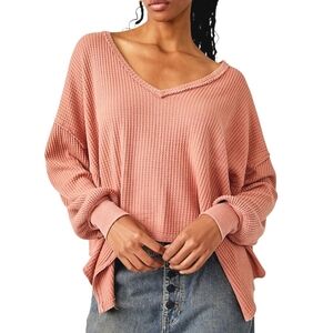 NWT Pink Rose Waffle Knit Thermal Mineral Wash Oversized Trapeze Fit Shirt SM